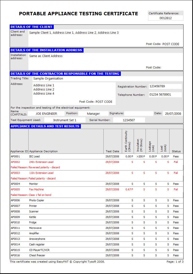 PAT Testing Certificate